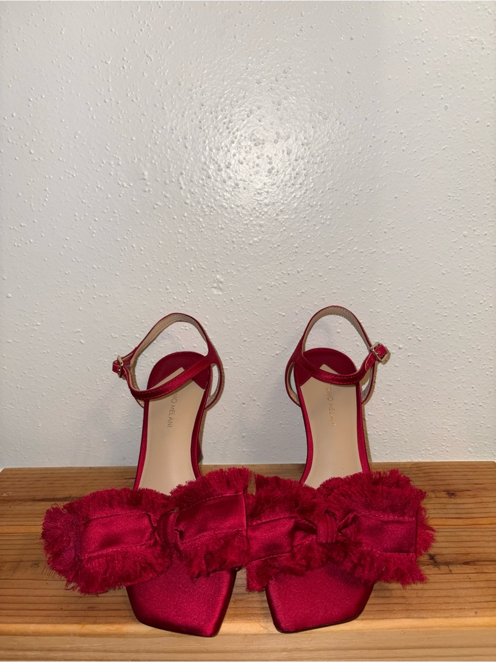 ANTONIO MELANI Red Satin Ruffle Bow Ankle-Strap Heel Sandals